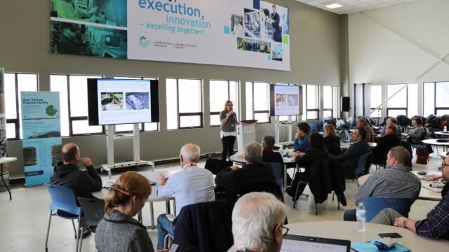 NSDF Project Director, Meggan Vickerd presenting to local officials at the Chalk River Site – February 2020. NSDF Project Director, Meggan Vickerd presenting to local officials at the Chalk River Site in 2020.