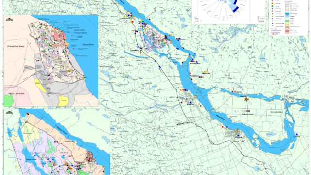The Monitoring Program at CRL is a well-established with more than 60 years of data and analysis. Over 5,000 effluent samples collected and 20,000 analyses are performed annually. Additionally, groundwater monitoring occurs on site with more than 20,000 analyses performed annually as well as environmental sampling and analysis. A map showing the Chalk River Laboratories (CRL) Monitoring locations.
